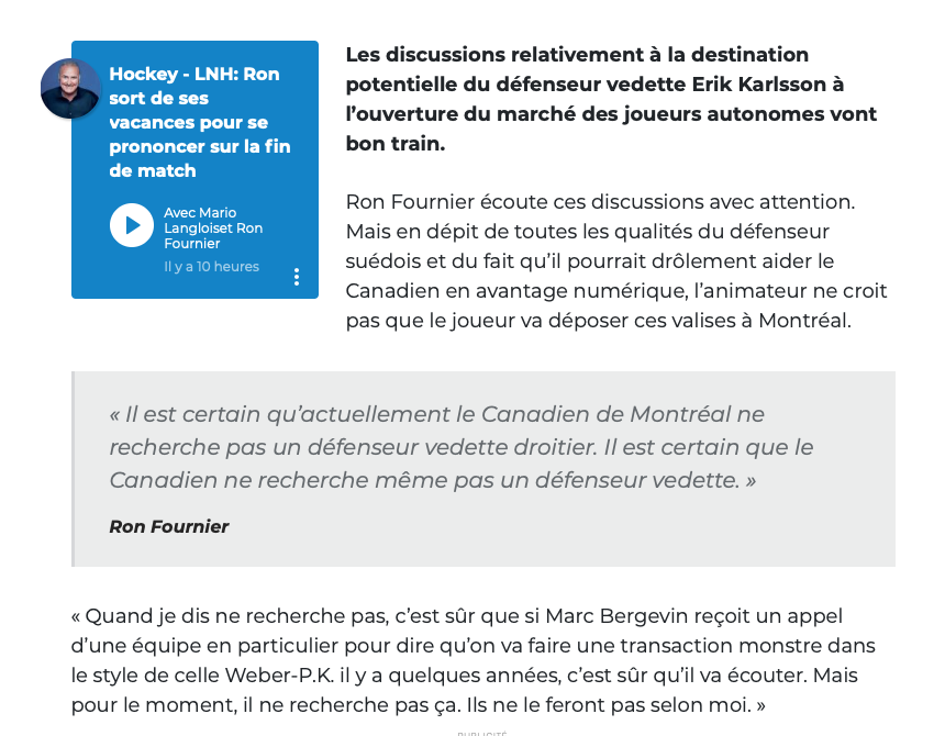 Au tour de Ron Fournier de TUER la RUMEUR KARLSSON à Montréal....