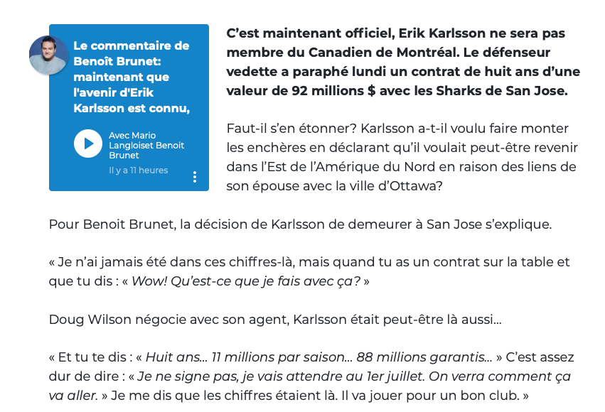 Benoît Brunet VISE Erik Karlsson....