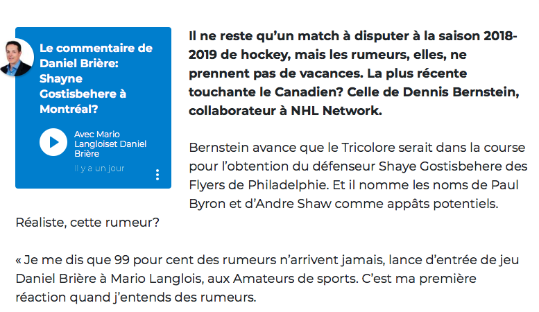 Daniel Brière a pris une GROSSE CHANCE hier..