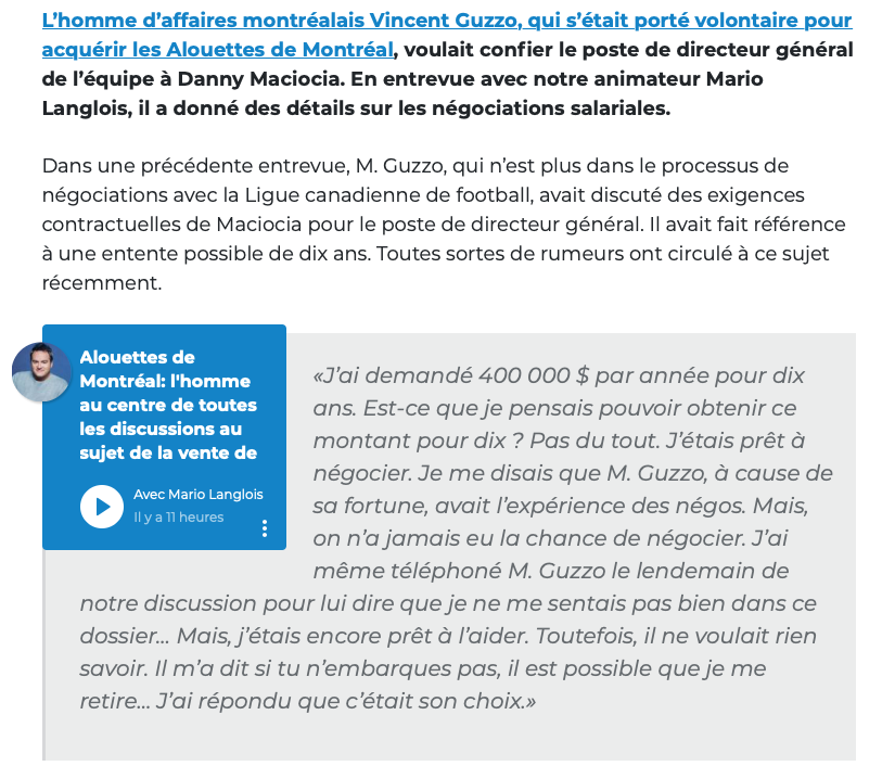 Dany Macioca voulait 400 000$ par année....pour 10 ans..