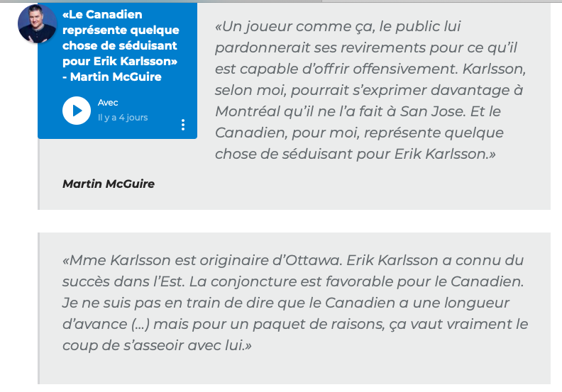 Erik Karlsson à Montréal: Martin McGuire se FROTTE les mains....