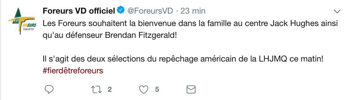 HAHA...Les Foreurs de Val d'Or ont repêché Jack Hughes...