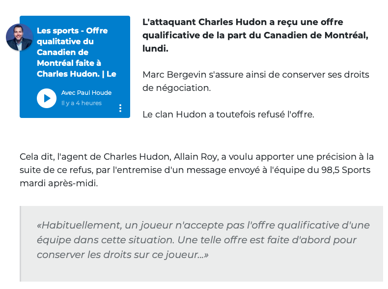 Il faut dire à l'agent de Charles Hudon.....