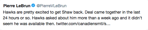 Il y a une semaine, Bergevin a refusé d'échanger Shaw...