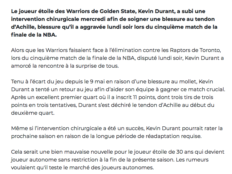 Kevin Durant...comme Carey Price...