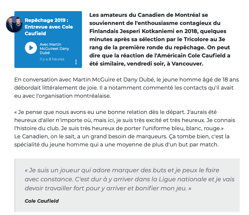 La chose FAVORITE de Cole Caufield dans la vie...