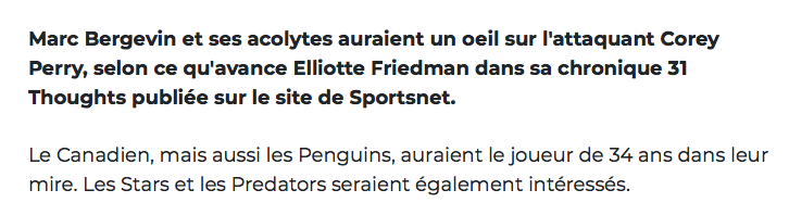 Le CH dans la course pour Corey Perry...RÉVEIL des médias!!!