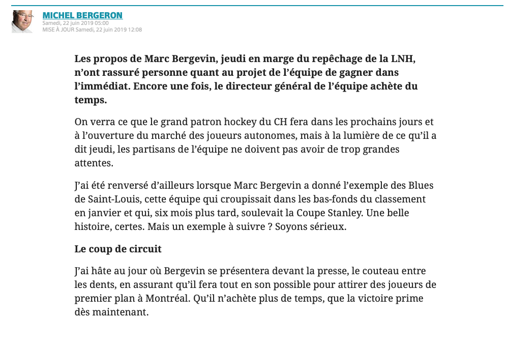 Michel Bergeron DÉTRUIT Marc Bergevin et Trevor Timmins.....