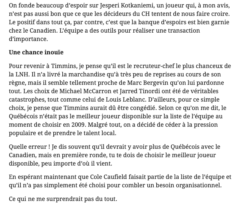 Michel Bergeron DÉTRUIT Marc Bergevin et Trevor Timmins.....