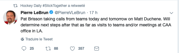 Pat Brisson ne sait pas encore s'il va venir à Montréal avec Matt Duchene...