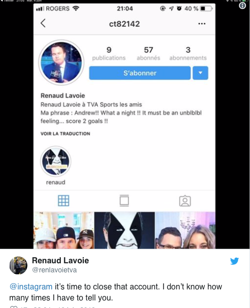 Renaud Lavoie est TROP SENSIBLE...il en veut à INSTAGRAM!!!