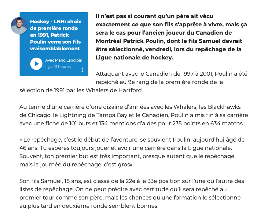 Samuel Poulin a beaucoup plus de TALENT que son père en avait...