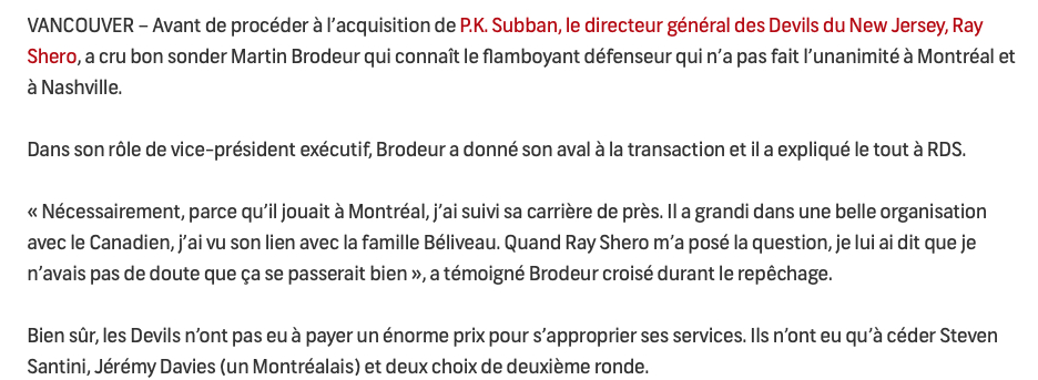 Si PK Subban est devenu un DEVILS....C'est à cause de Martin Brodeur....