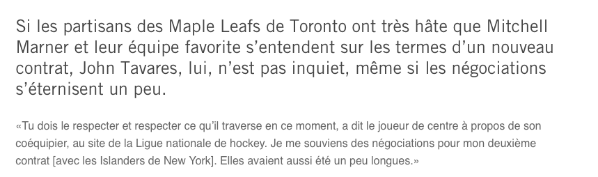 John Tavares n'est pas inquiet pour Mitch Marner...