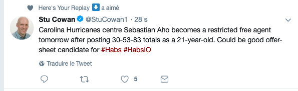 La GAZETTE lie le CH...à une OFFRE HOSTILE à Sebastian Aho..