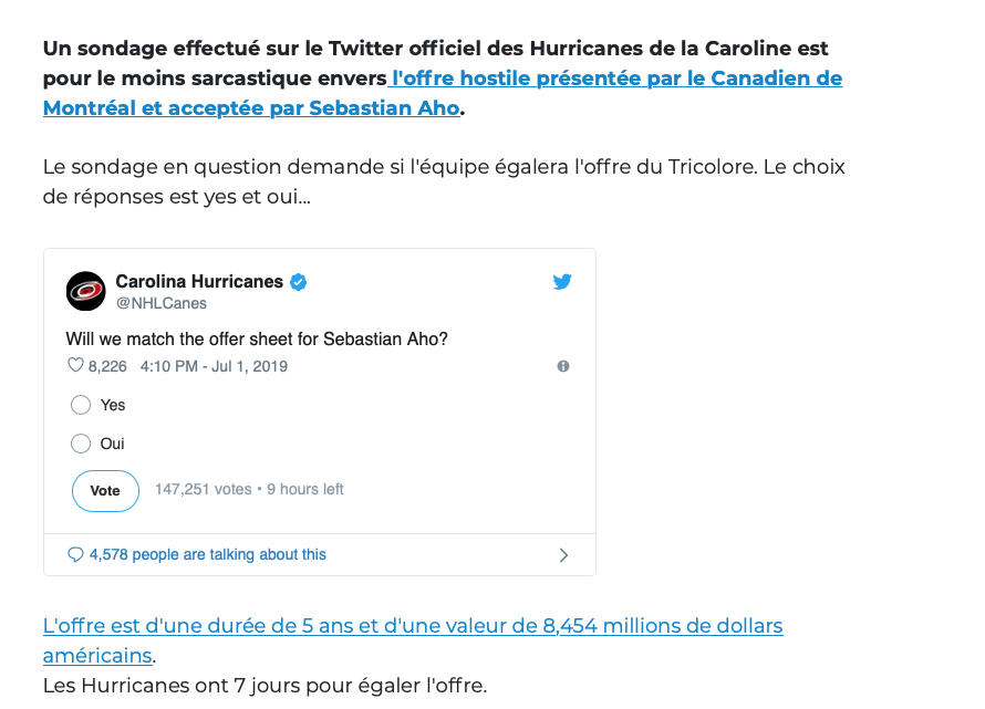 Le 98,5 Sports est persuadé...que le sondage des Hurricanes....