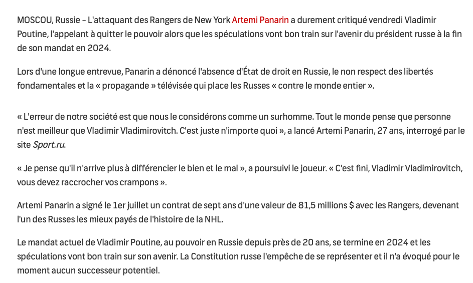 Le DG des Rangers doit être SATISFAIT en SALE....