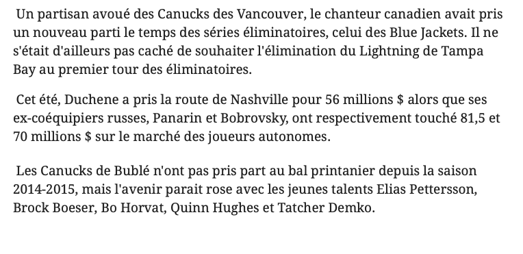 Matt Duchene REJETTE Michael Bublé....
