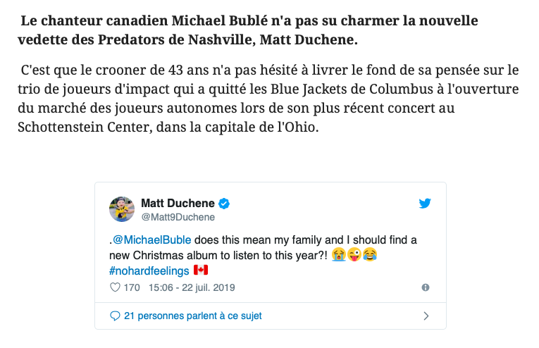 Matt Duchene REJETTE Michael Bublé....