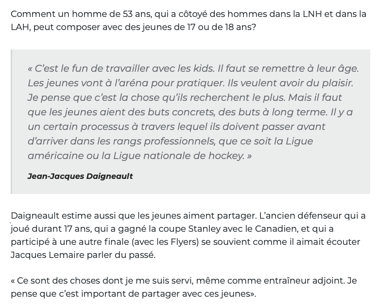 Un Québécois ayant joué pour le Canadien de Montréal nous disait à propos de JJ Daigneault...