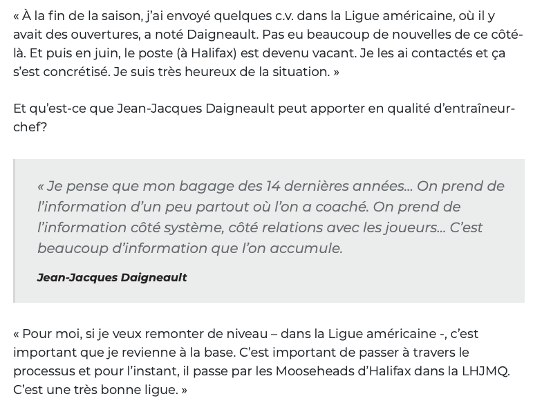 Un Québécois ayant joué pour le Canadien de Montréal nous disait à propos de JJ Daigneault...