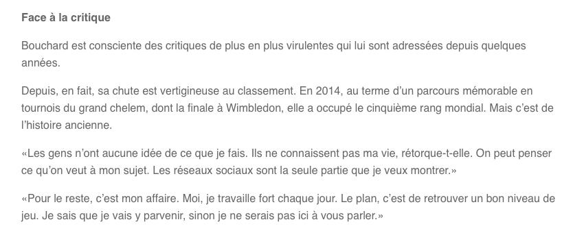 GENIE BOUCHARD a le CULOT de répondre aux critiques....