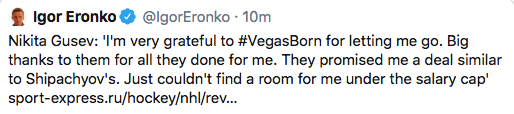 Les Golden Knights ont menti à Nikita Gusev...