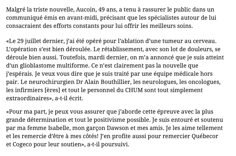 Une tumeur incurable....La même maladie qui a emporté Gary Carter.