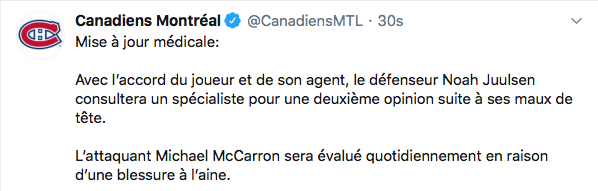 AYOYE...Ça ne regarde pas bien pour Noah Juulsen...