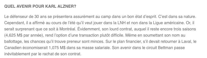 L'agent de Karl Alzner..Accuse le CH...