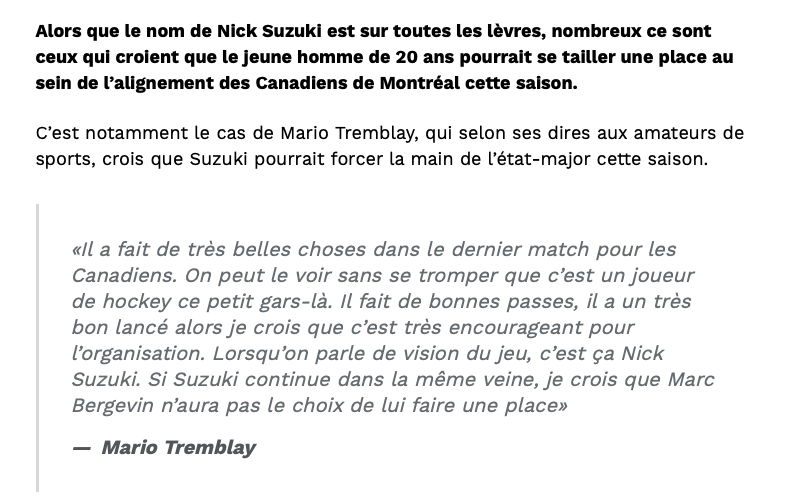 Nick Suzuki doit être EMBALLÉ par les propos de Mario Tremblay...