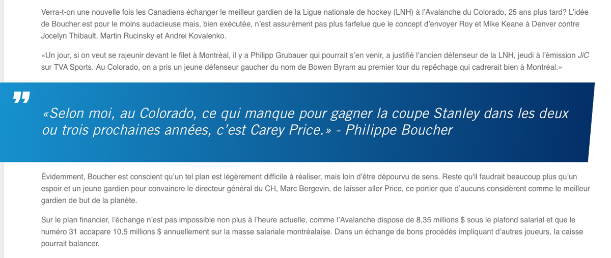 Carey Price au Colorado pour Bowen Byram...OUIN...