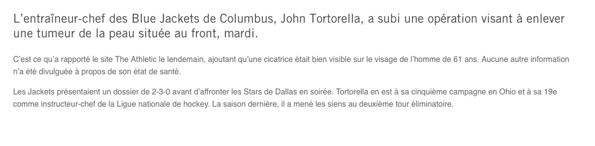 John Tortorella OPÉRÉ d'une TUMEUR...