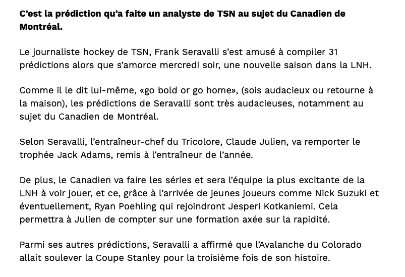 La prédiction du journaliste de TSN...Continue de faire RÉAGIR...