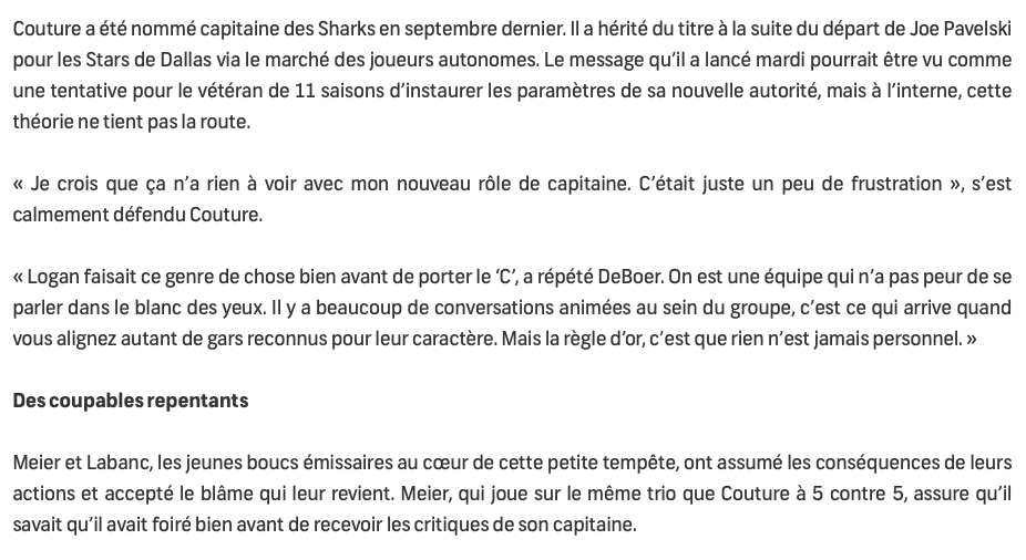 Les critiques de Logan Couture VISANT ses coéquipiers continuent de faire JASER....