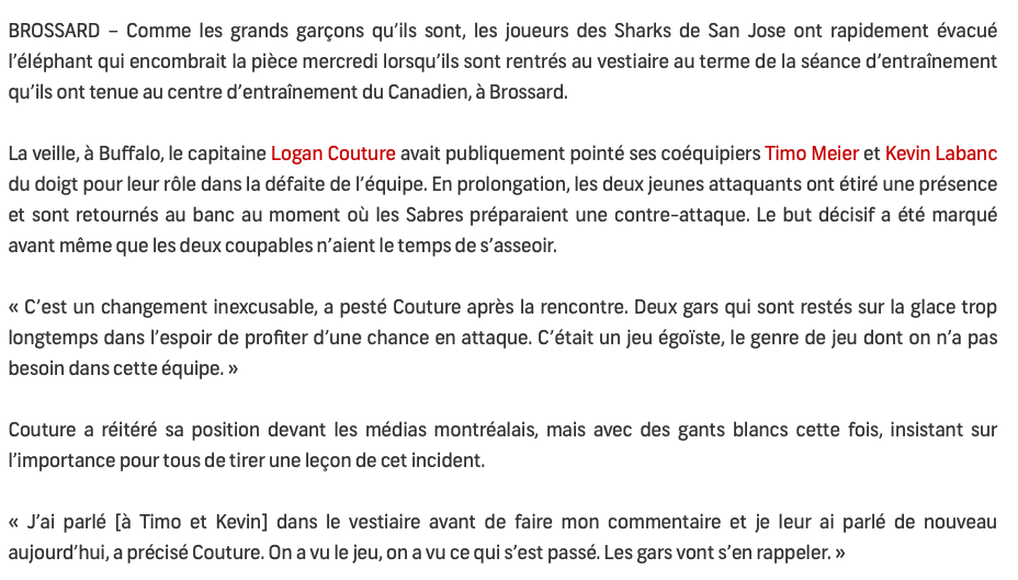 Les critiques de Logan Couture VISANT ses coéquipiers continuent de faire JASER....