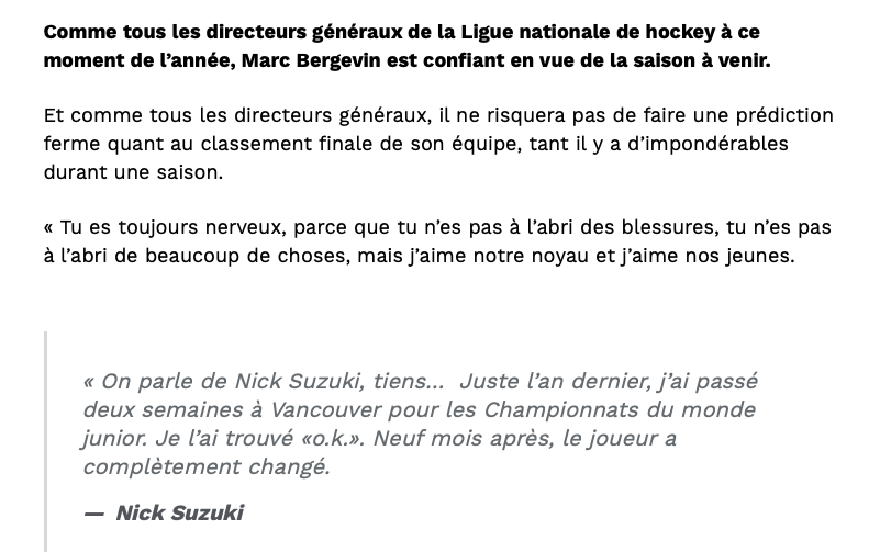 Quand on entend parler de la progression de Nick Suzuki par son DG...