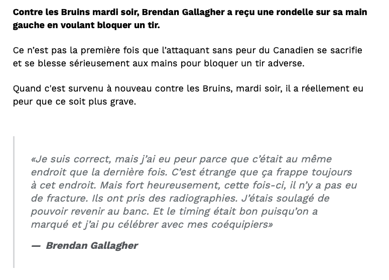 Brendan Gallagher a eu vraiment PEUR pour sa MAIN..