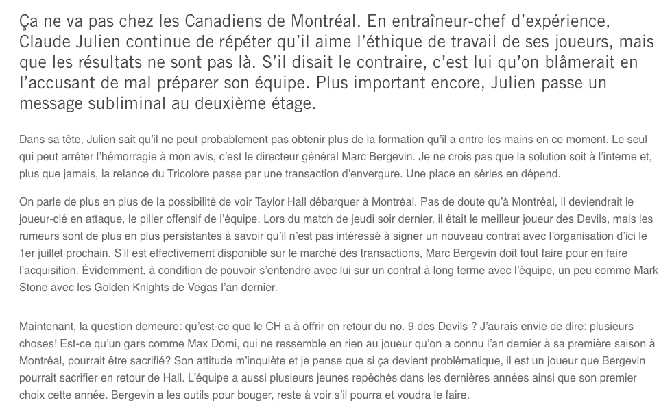 Claude Julien continue de faire passer son message, par les médias...