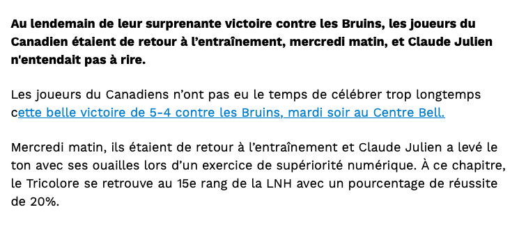 Claude Julien PÈTE une COCHE à L'ENTRAÎNEMENT..