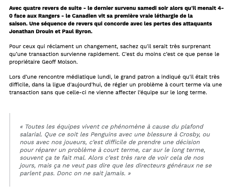 Geoff Molson nous avertit...Que son CHOUCHOU Bergevin ne va pas transiger...