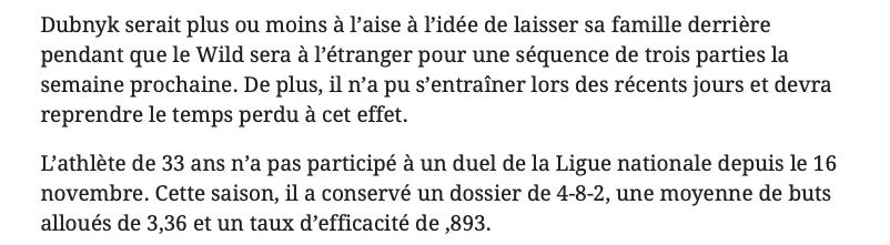 La femme de Devan Dubnyk en danger de mort?