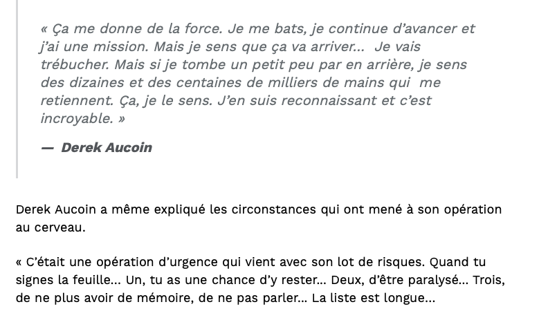 On a pleuré à chaudes larmes en lisant le témoignage de Derek Aucoin..