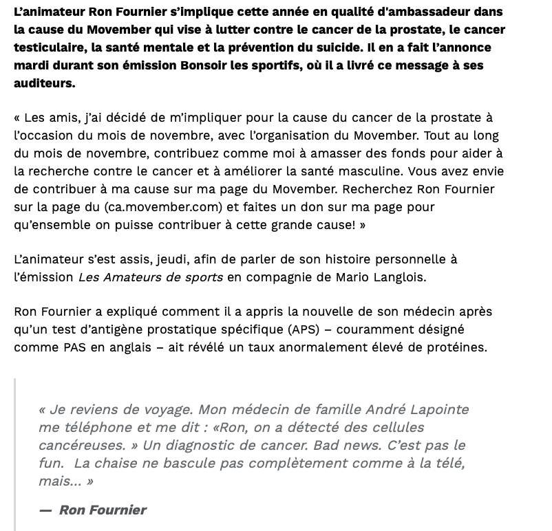 Ron Fournier revient sur son cancer de la PROSTATE...