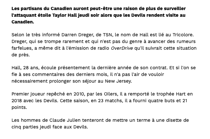 Taylor Hall à Montréal...Les médias traditionnels commencent à en parler..