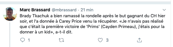 Brady Tkachuk se défend... D'avoir voulu VOLER la RONDELLE à Cayden Primeau...