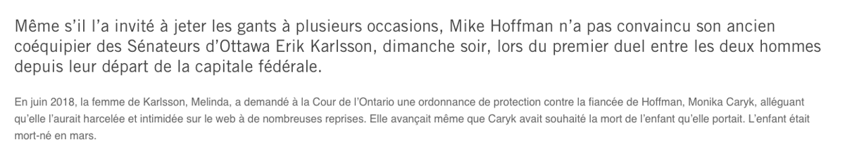 C'est Mike Hoffman qui voulait se battre avec Erik Karlsson..