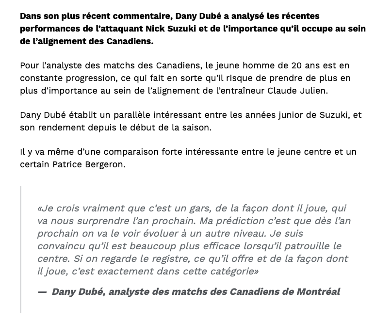 Dany Dubé continue de comparer Nick Suzuki à Patrice Bergeron..