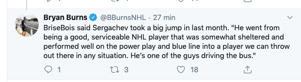 Mikhail Sergachev reçoit un GROS COMPLIMENT SALE de Julien Brisebois....