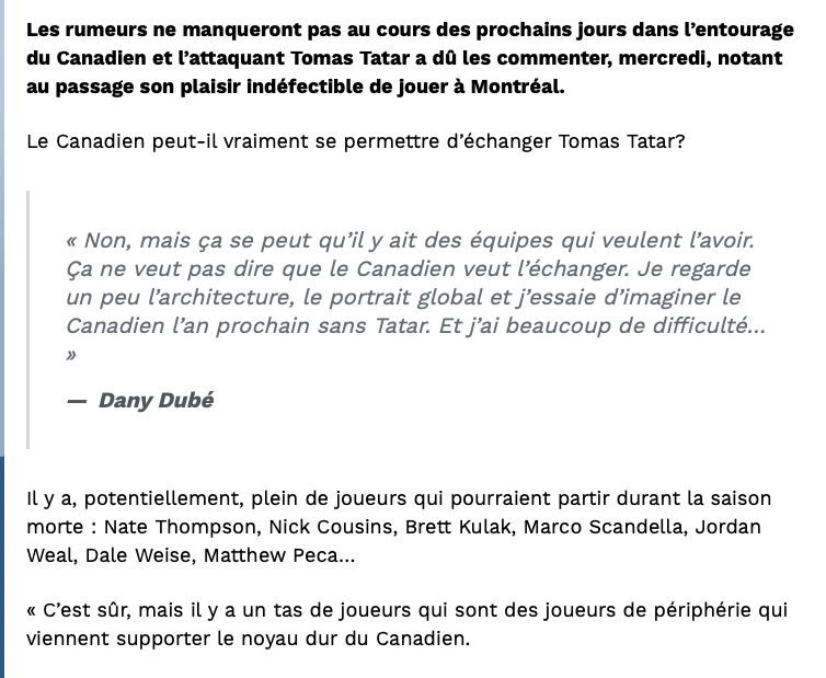 Au tour de Dany Dubé de REJETER une transaction impliquant Tomas Tatar...